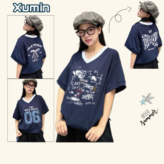 Áo Thun Boxy Chất Cotton Hàn Xanh Than Cổ Tim Trắng In Hình Nhiều Phân Loại