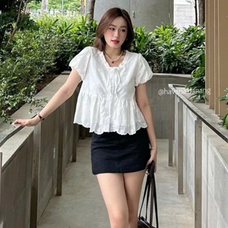Áo babydoll AIMEE thô boil phối cổ bèo tay bồng_Áo kiểu tiểu thư buộcc nơ dáng xòe siêu xinh 2025