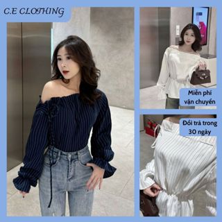 Áo kiểu nữ Timo, Áo sơ mi trễ vai kẻ sọc phong cách thanh lịch chất vải mềm mại thoáng mát  AOT208