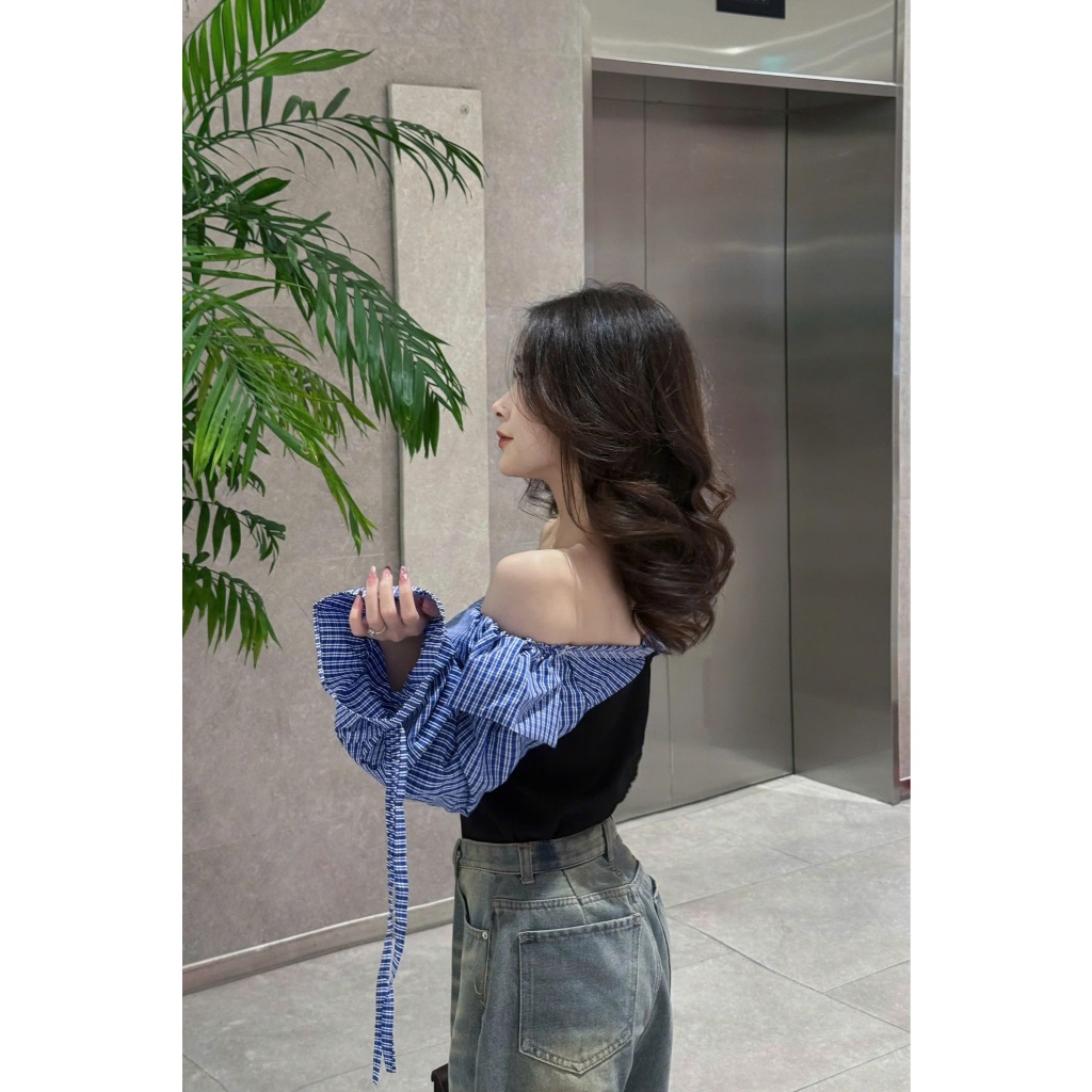 Áo thun trễ vai nữ Timo, phối kẻ caro phong cách trẻ trung mặc đi chơi AOT003 | BigBuy360 - bigbuy360.vn