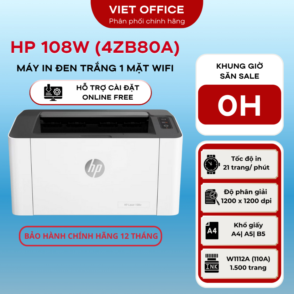 Máy in Laser đen trắng HP 108W mới 100% - In không dây - Wifi - Bảo hành chính hãng 12 tháng