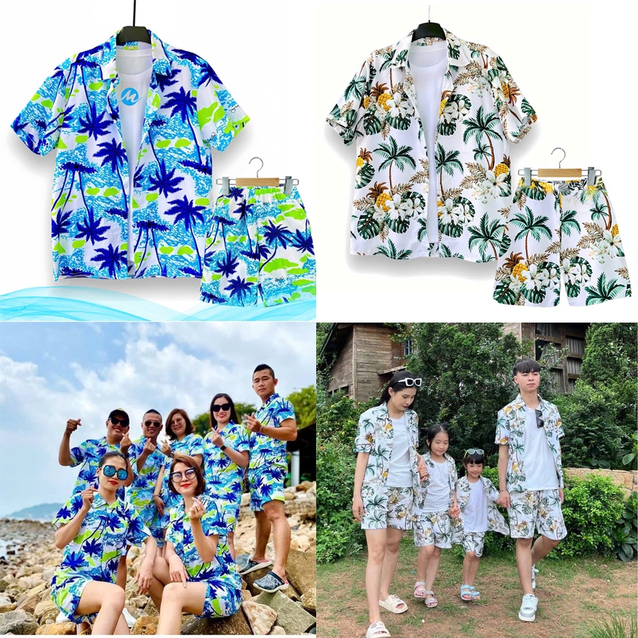 Bộ hoa quả lá cành Trái cây chim cò đi biển quần áo pijama set hawaii nữ phong cách