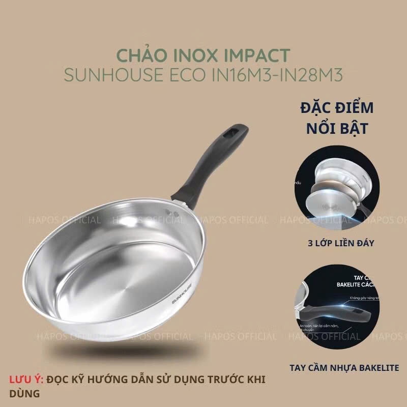 Chảo inox impact SUNHOUSE eco IN16M3 / IN20M3 / IN24M3 /IN26M3/ IN28M3 dùng cho mọi loại bếp