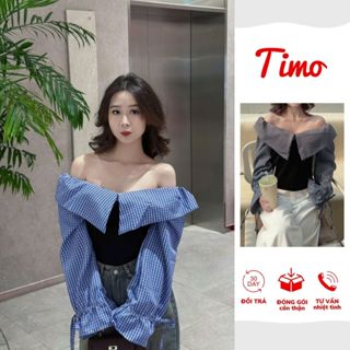  Áo thun trễ vai nữ Timo phối kẻ caro phong cách trẻ trung mặc đi chơi AOT003 