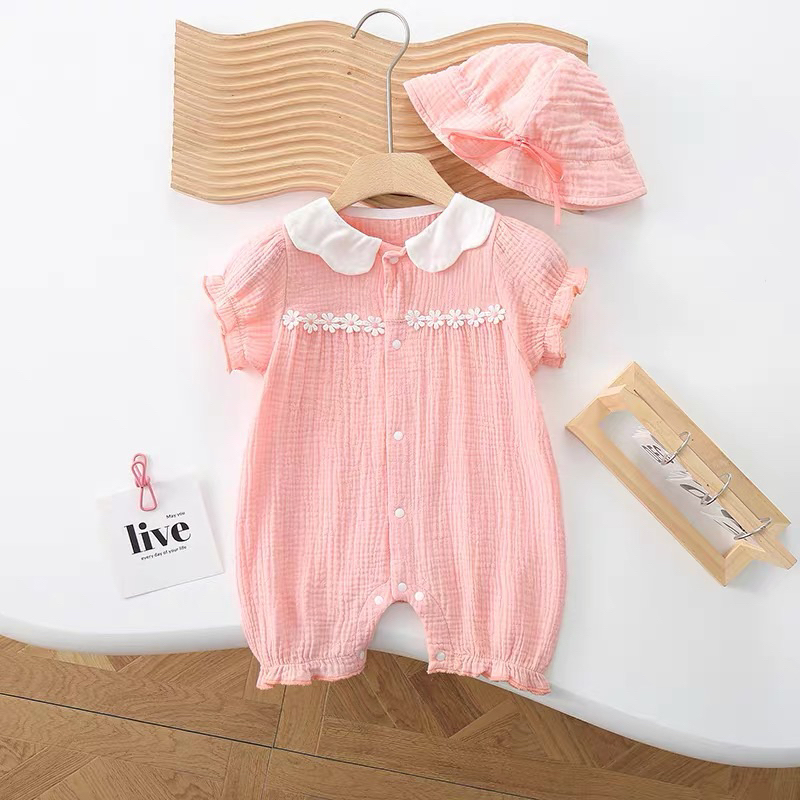 Bodysuit cho bé gái SUSHI BABY SHOP đồ liền thân sơ sinh màu hồng đính nơ kèm mũ váy công chúa đầm đ