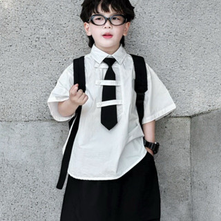 BABYBUYvip 2580 - Áo sơ mi trắng cộc tay kèm cà vạt và quần lẻ kaki đen dáng âu thụng ống to cho bé trai và bé gái