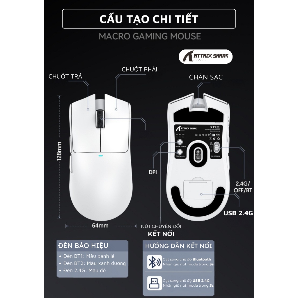 Chuột Không Dây Gaming Attack Shark X11SE - Siêu Nhẹ 63g, 3 Chế Độ Kết Nối DPI 22000 Pin Trâu 65 Giờ | BigBuy360 - bigbuy360.vn