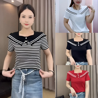 Áo thun nữ cổ vuông tay ngắn chất tăm Hàn co giãn 4 chiều – form trẻ trung, phối nút xinh xắn