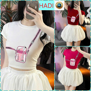   CRTUN2381  ÁO CROPTOP KIỂU LỬNG NỮ CỔ TRÒN NGẮN TAY IN TÚI ĐỰNG  TRƯỚC NGỰC MÀU TRẮNG HỒNG ĐỎ XANH CO GIÃN 