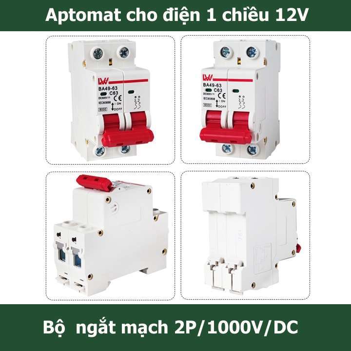 Át 1 chiều aptomat cb 1000V DC bảo vệ quá tải cho pin năng lượng mặt trời 16A/20A/25A/32A/40A/63A/12