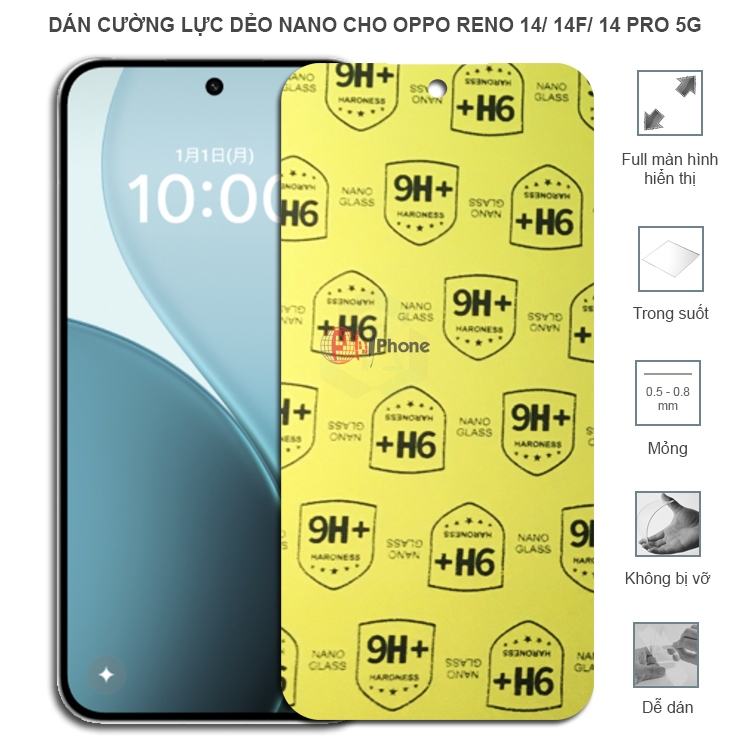 Dán cường lực dẻo nano trong hoặc nhám cho Oppo Reno14 5G/ Reno14 F 5G/ Reno 14 Pro 5G