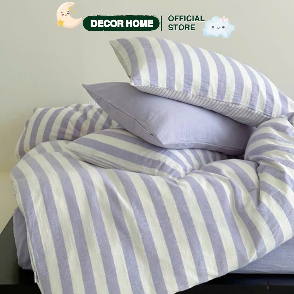 Bộ ga gối và vỏ chăn Cotton Đũi Kẻ Sọc QH, bộ ga gối Cotton Kẻ đơn giản thanh lịch chất liệu mềm mát