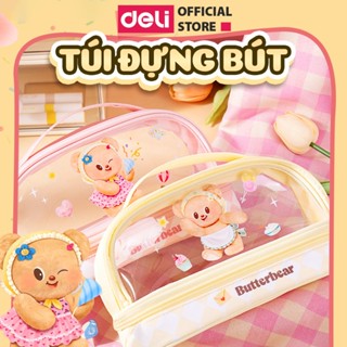  Hộp Bút Túi Đựng Bút Butter Bear Deli Gấu Bơ Hình Cute Chất Vải Oxford Chống Nước Chống Bụi 2 Ngăn Rộng Rãi 