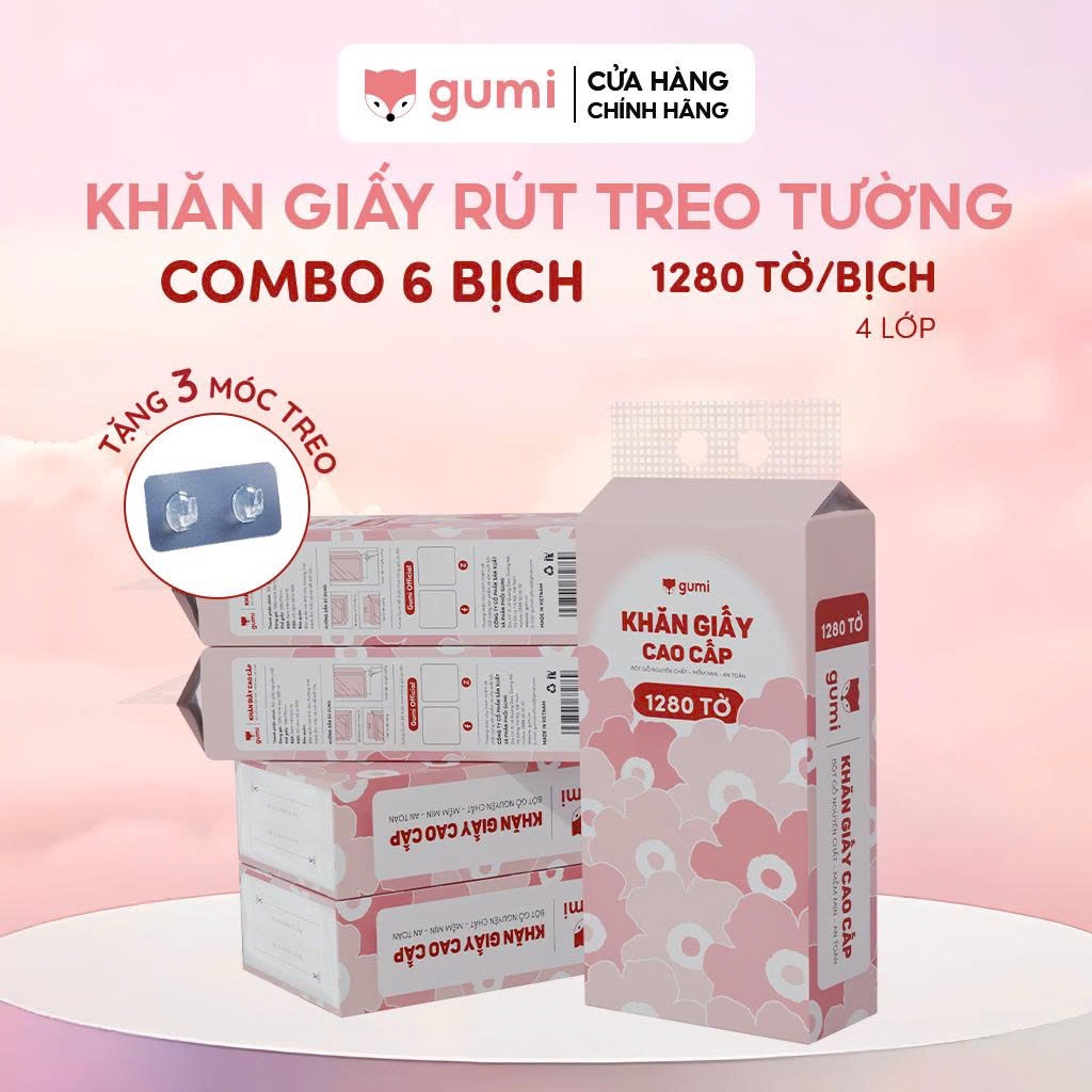 Thùng 6 bịch Khăn Giấy Gumi treo tường tiện lợi, an toàn Giấy ăn Gumi (Tặng kèm 3 móc treo tường)