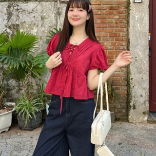  Áo babydoll cổ tim tay bồng thô boil hoa nhí áo kiểu nữ dáng ngắn Salavi N2 M221 