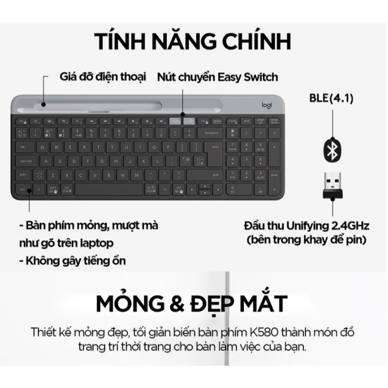 Bàn phím không dây Bluetooth Logitech K580, Kết nối nhanh 3 thiết bị, Tương thích Windows/Chrome OS, Gõ êm, mỏng nhẹ | BigBuy360 - bigbuy360.vn