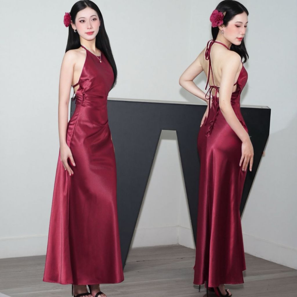 Đầm Lụa Cổ Yếm Xếp Ly Hở Lưng Dáng Dài NV746 Đầm Lụa Cổ Yếm Phối Nút Sang Chảnh Đi Tiệc | BigBuy360 - bigbuy360.vn