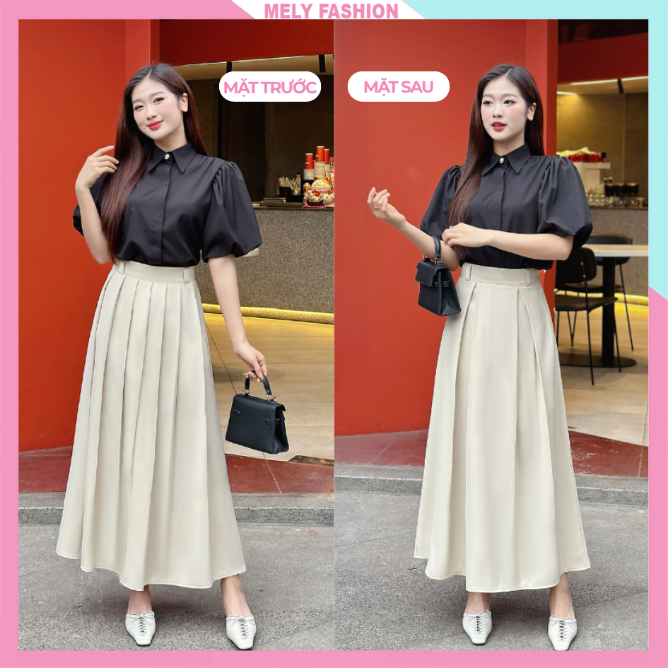 Chân váy xếp ly dáng dài mặc được 2 mặt Mely Fashion midi 90cm xòe chữ A tôn dáng giấu bụng đùi khôn