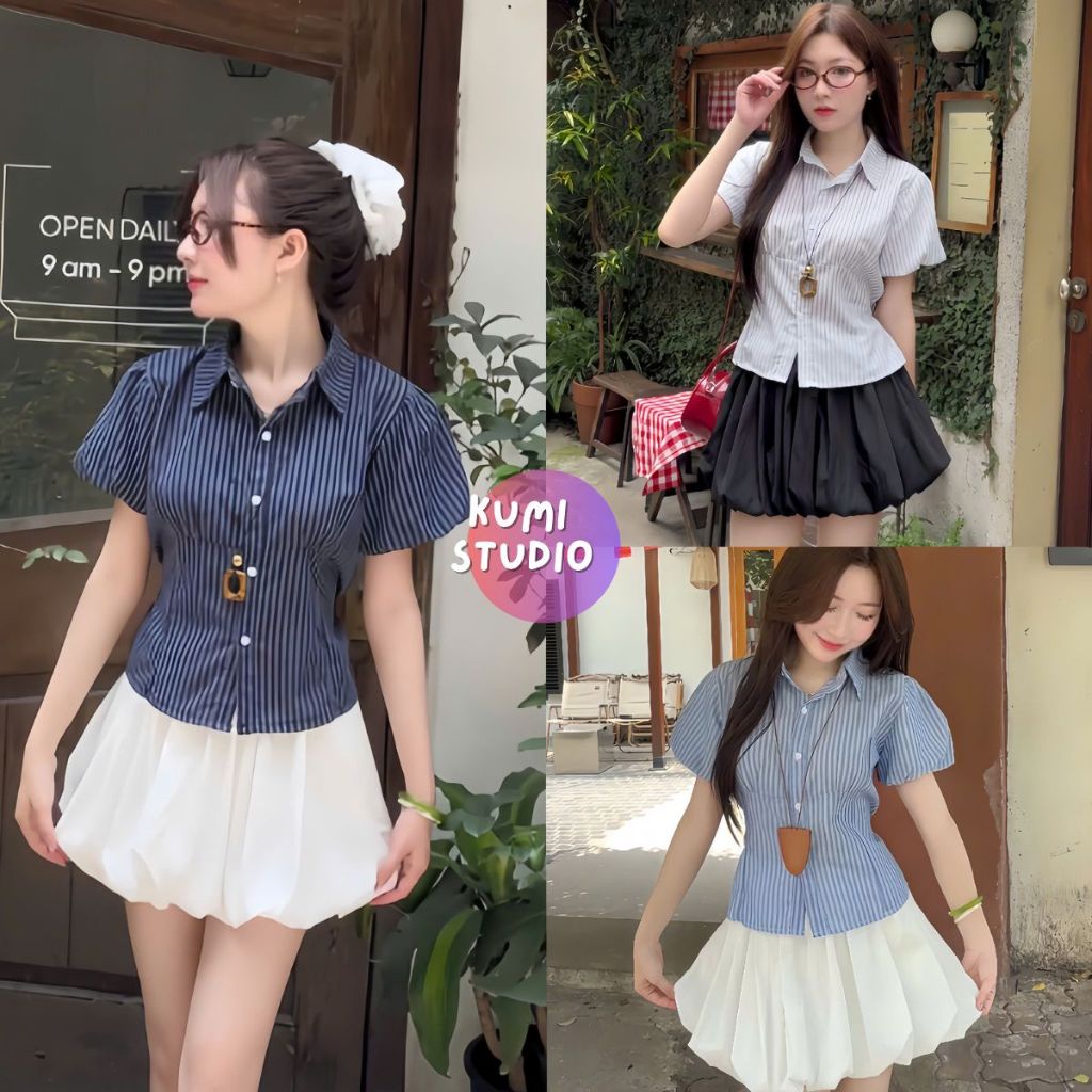 Áo sơ mi kiểu kẻ tay phồng chiết eo dáng ngắn thô linen Kumi Studio - A46