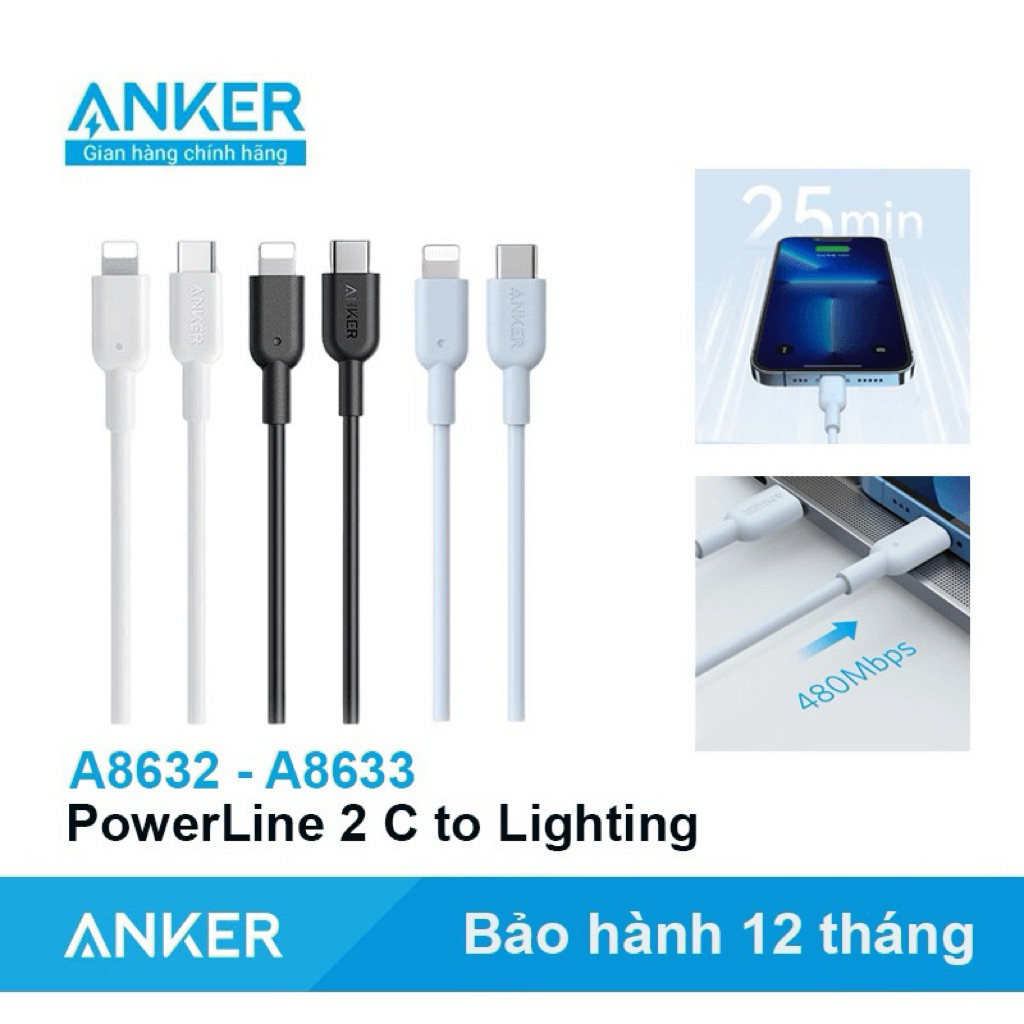 Dây sạc Anker PowerLine 2 A8632/8633 C to L sạc nhanh PD 3.0 nhiều màu sắc sạc cực nhanh