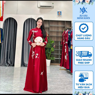 Áo dài mẹ sui, áo dài cho mẹ kết hoa trúc đào trắng, phale trên lụa ruby valentino cao cấp, mềm mại.