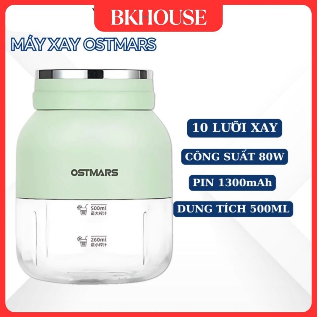 BK House Máy Xay Sinh Tố Cầm Tay Mini Ostmars Sạc Tích Điện,Máy Xay Mini Cầm Tay 10 Lưỡi Dao Đa Năng