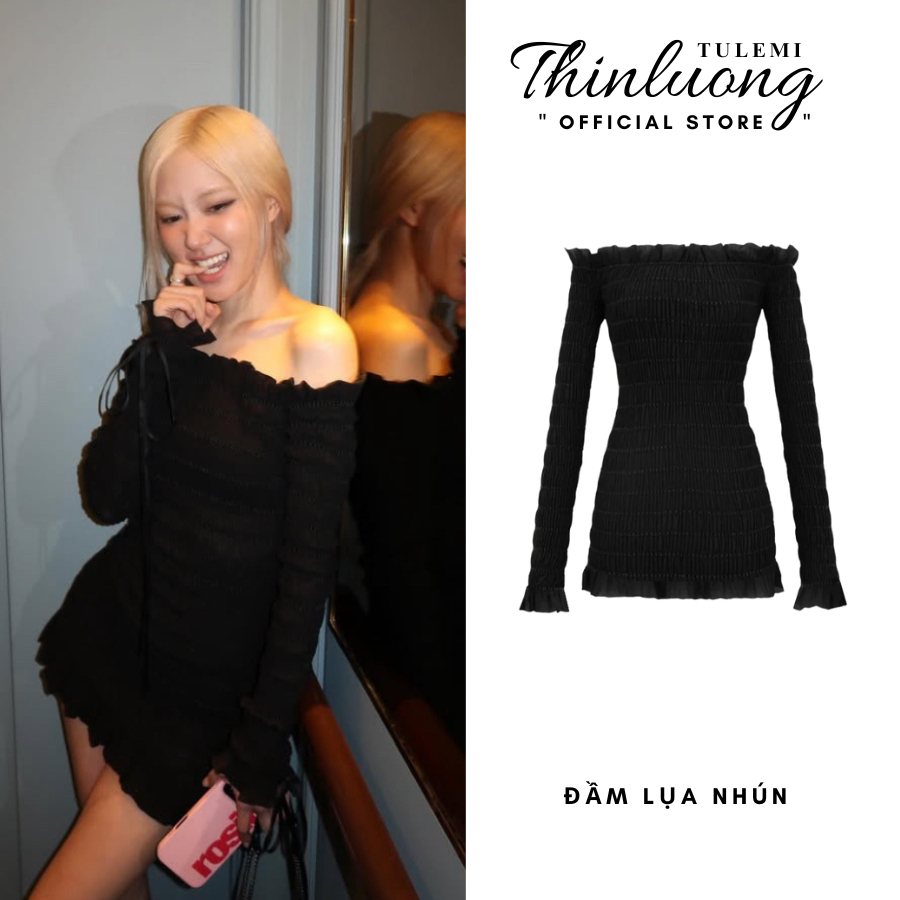 Đầm lụa form ôm body đầm bo chun hở vai tay dài màu đen