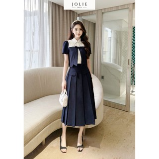  Set Váy Xếp Ly Dáng Dài Công Sở JOLIE Áo Croptop Đính Nơ Phối Chân Váy Tôn Dáng S869 