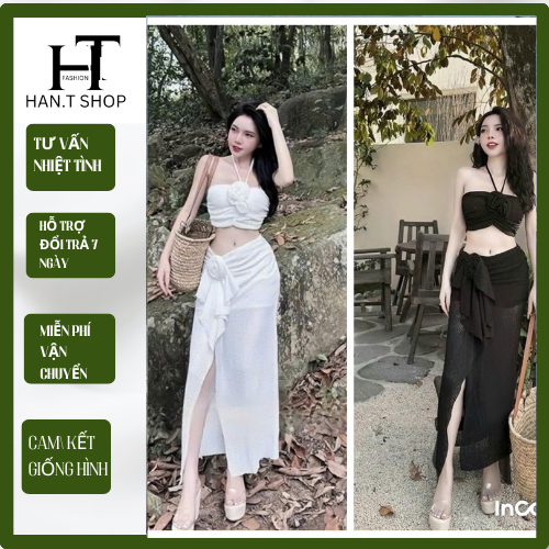 [ BKN 1029 ] Bikini đồ bơi đi biển hai mảnh áo cổ yếm PHỐI HOA mix chân váy xẻ tà sang chảnh HAN.T S