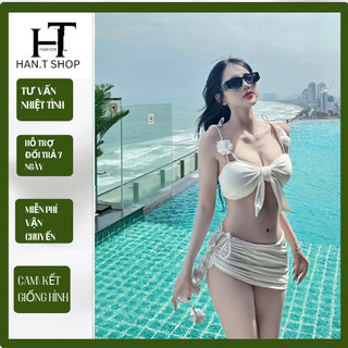   Ms 064  set Bikini đi biển 3 mảnh bra phối nơ  CHÂN VÁY KÈM DÂY BÔNG mẫu bikini gợi cảm HAN.T Shop 