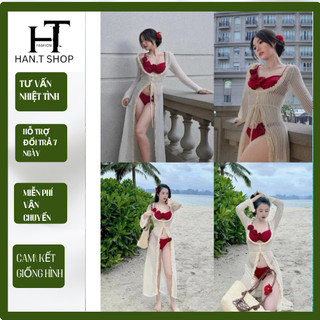   BKN 060  Bikini đồ bơi đi biển set  BÔNG ĐỎ + CHOÀNG có mút phối khoác ren bèo sang chảnh HAN.T SHOP 