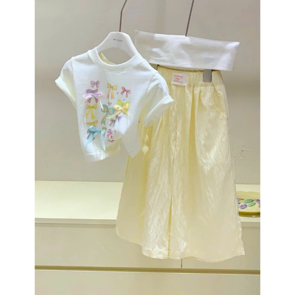 [B&G] Sét bộ quần dài ống suông vàng kèm áo thun cotton trắng cho bé gái từ 12-45kg(2-12 tuổi)