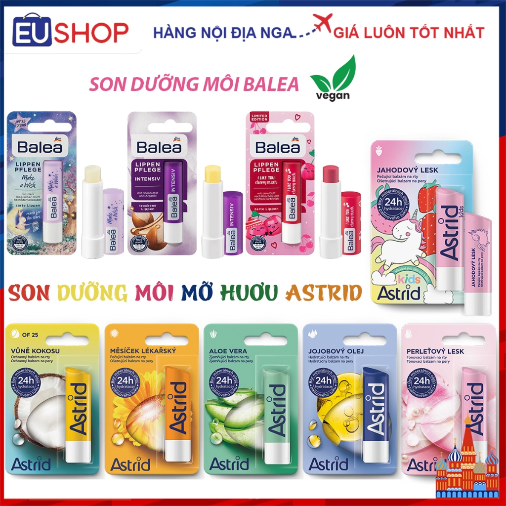 Son dưỡng môi Balea Đức 4,8g và Son dưỡng môi mỡ huơu Astrid 4,7g