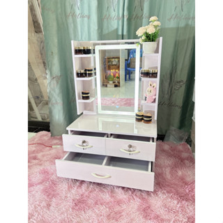  J23- Bàn Trang Điểm Bàn Phấn Bàn Makeup Ngồi Bệt Có Gương Đèn Led Cảm Ứng Thiết Kế 2 Kệ 2 Bên và 3 Ngăn Kéo Bên Dưới 