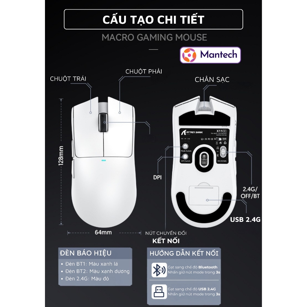 Chuột Gaming Attack Shark X11SE - Siêu Nhẹ, 3 Chế Độ Kết Nối, Cảm Biến Chính Xác DPI 22000, Pin 65H | BigBuy360 - bigbuy360.vn