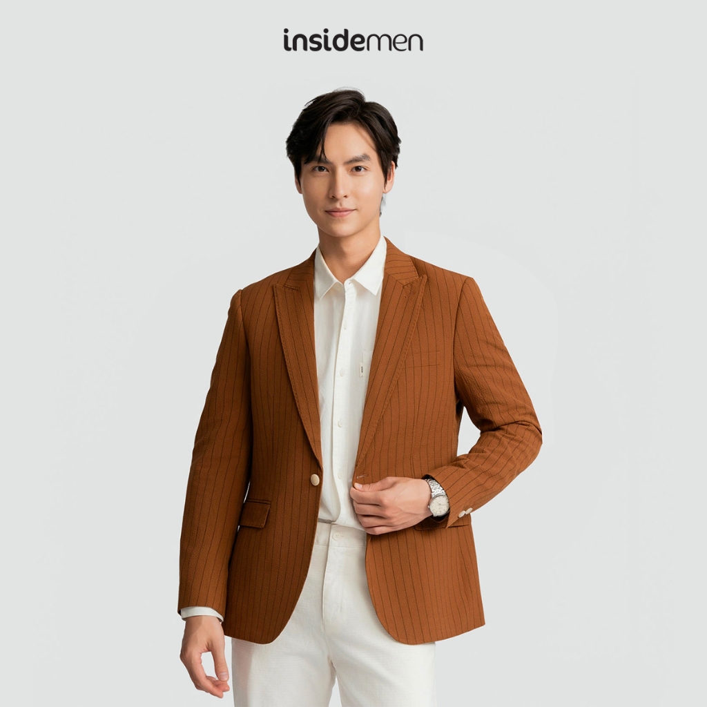 INSIDEMEN Áo Khoác Blazer Nâu Kẻ Nam Lịch Lãm IBZ0020Z