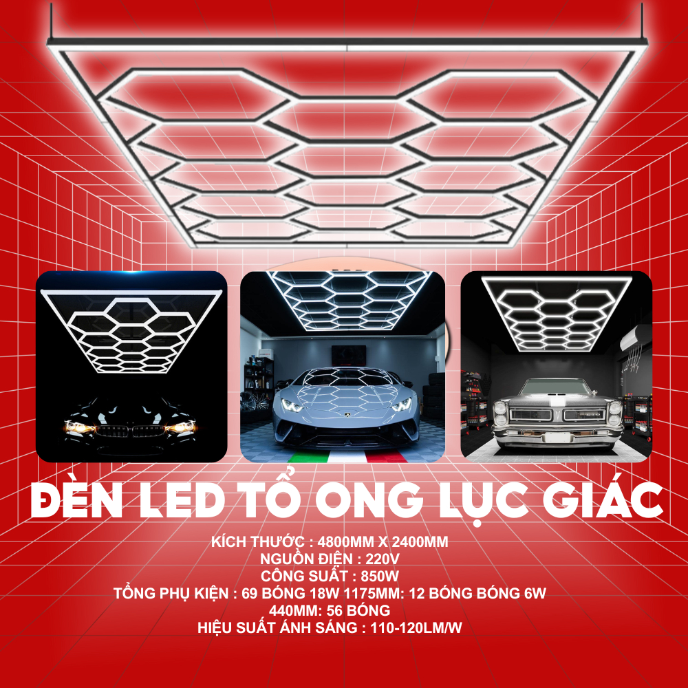 (BÓNG LẺ) Đèn LED Tổ Ong Lục Giác Chăm Sóc Xe Chuyên Nghiệp 220V_850W Trang Trí Garage Ô Tô, Phòng S
