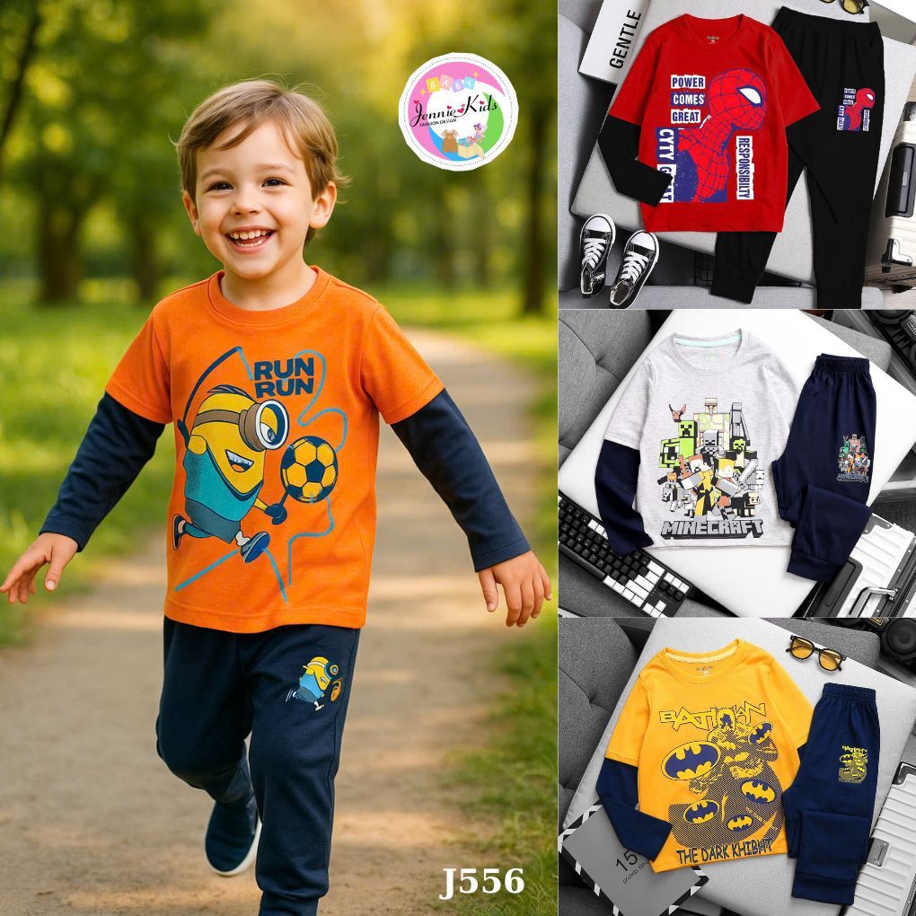 Set Bộ Cho Bé Trai Dài Tay Size 12-40kg Vải Thun Cotton 2 Chiều Thấm Hút Tốt Đồ Trẻ Em In Hình 3D Mềm Mại J556