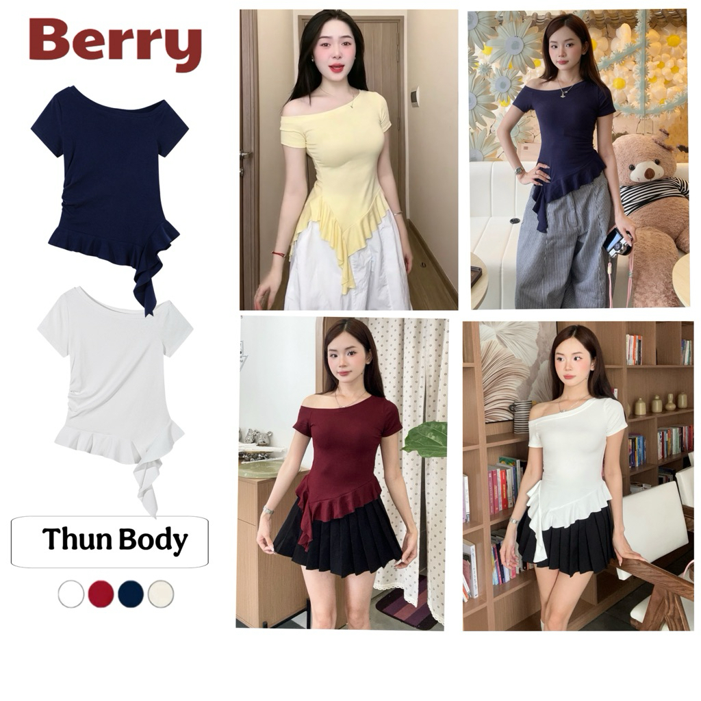Áo Thun Trễ Vai Bạch Tuộc Berry - Chất Cotton Zip Co Giãn, Áo Lệch Vai Có Vạt, Bèo Nhún, Dáng Ôm (Cộc Tay)