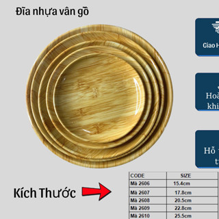 Đĩa nhựa vân gỗ, đĩa tròn, đĩa nhựa quán ăn, dĩa nhậu có 3 size