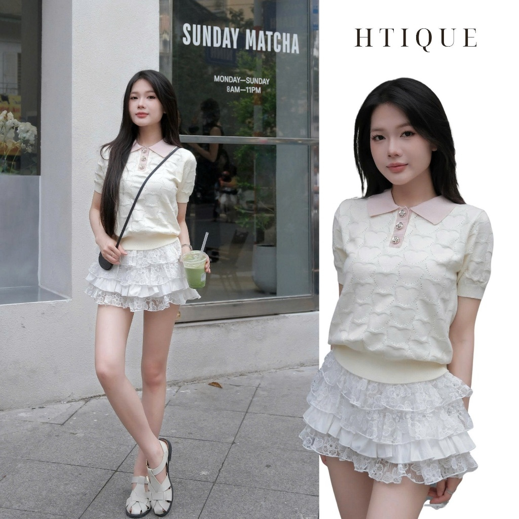 (BST hè HTIQUE) DEAL mở bán Áo Polo đục lỗ trái tim, Áo len basic nhẹ nhàng tiểu thư HT19