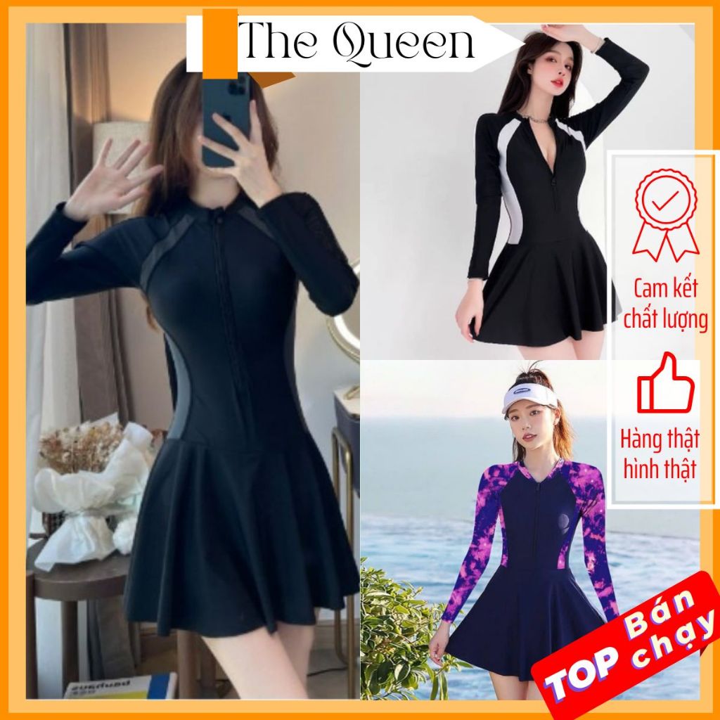 Đồ bơi liền thân nữ Bikini một mảnh kín đáo dạng váy đi biển áo tắm khóa zip tay ngắn & dài size S - 2XL The Queen 082