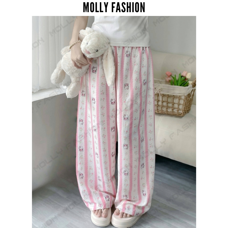 Quần dài nữ đũi xốp KITTY hoạt hình | Ống rộng thoáng mát quần ngủ mặc nhà Molly Fashion