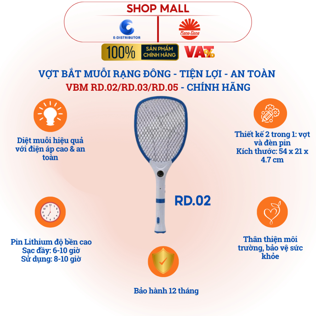 [HỎA TỐC] Vợt bắt muỗi Rạng Đông VBM RD.02 / RD.03 / RD.05 - Bảo hành 12 tháng - Chính hãng