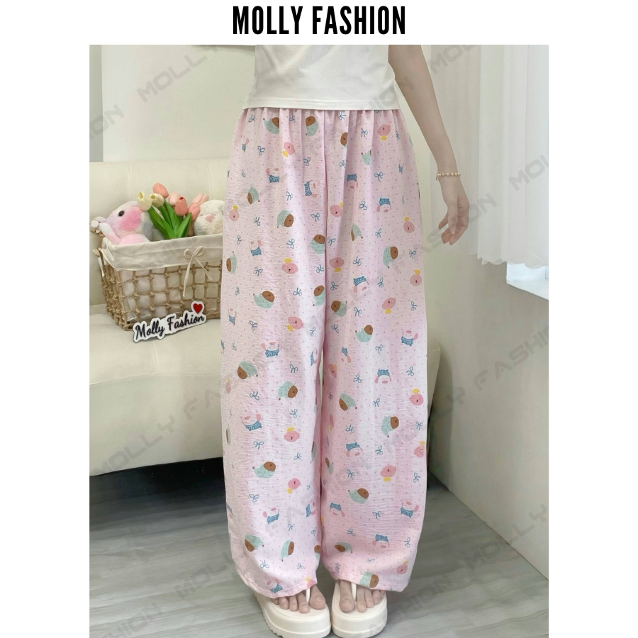 Quần dài nữ cotton hàn POLKA hoạt hình | Ống rộng thoáng mát quần ngủ mặc nhà Molly Fashion