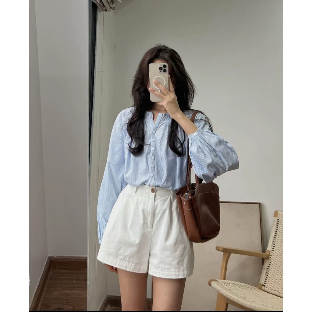 Áo Sơ Mi Nữ Dài Tay Kẻ Sọc Basic Cổ Tàu Freesize Dễ Phối Đồ Thời Trang Trẻ Trung - 29feb.closet - A555 | BigBuy360 - bigbuy360.vn