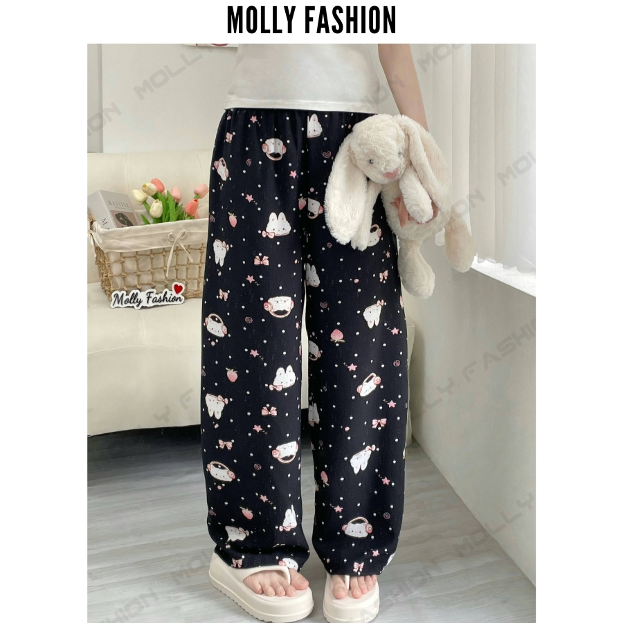 Quần dài nữ đũi xốp TWINK hoạt hình | Ống rộng thoáng mát quần ngủ mặc nhà Molly Fashion