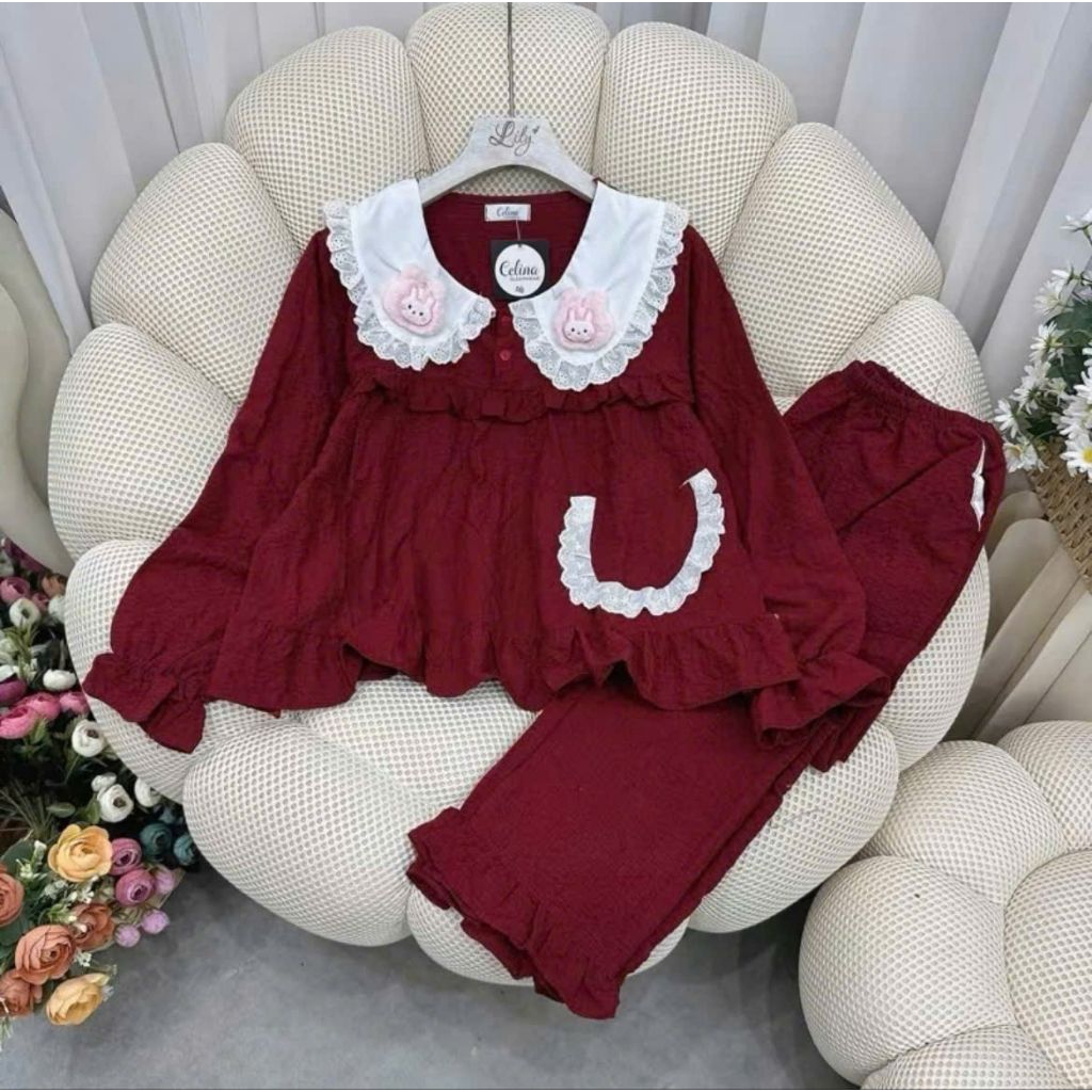 Set Pijama đũi xốp cổ bèo kèm charm