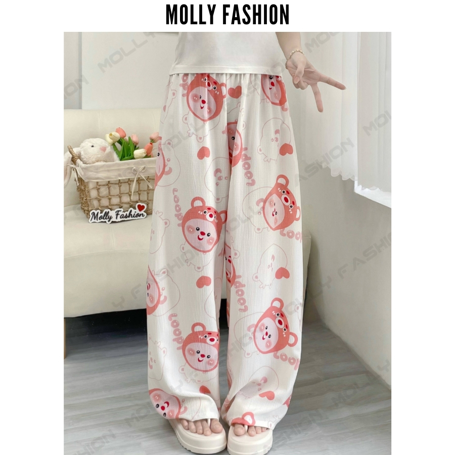 Quần dài nữ đũi xốp ARIES hoạt hình | Ống rộng thoáng mát quần ngủ mặc nhà Molly Fashion