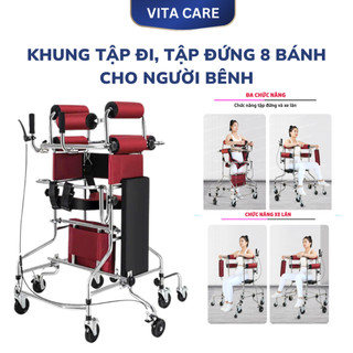 Khung tập đi 8 bánh có nghế ngồi da, Khung tập đi đưng cho người tai biến, người già (Bảo hành 2 năm)